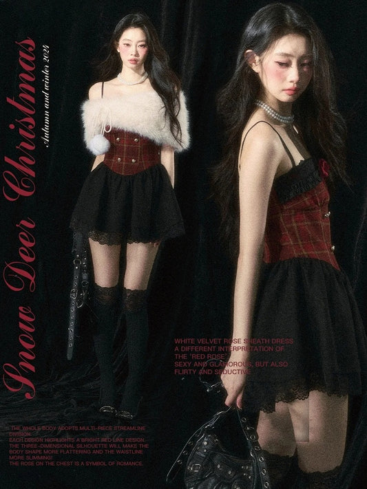 Christmas Red Floral Plaid Cami Dress with Plush Shawl Set