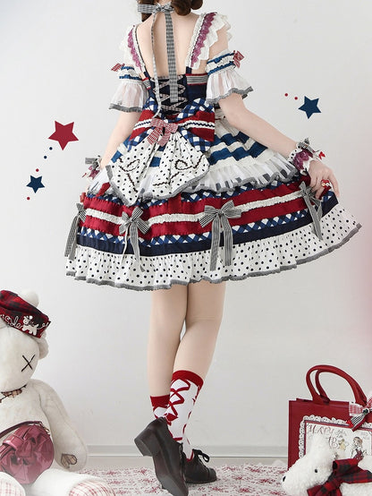 Lolita Red Bow Cake Accents Tiered and Blue Dress Dark Skirt Blueberry Sweet