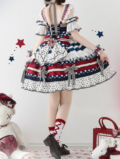 Sweet Bow Skirt Accents Dark Tiered JSK Lolita Full Blue Blueberry Red Set and Cake