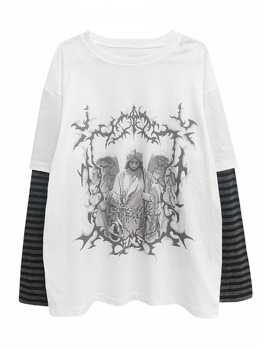 Weißes, dunkel gestreiftes Kawaii-T-Shirt mit Grafik