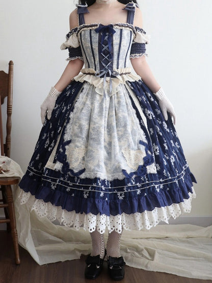 Blaues Cabins-Korsett-Oberteil mit offenen Schultern + dunkelblauer Lolita-Rock mit Blumenmuster