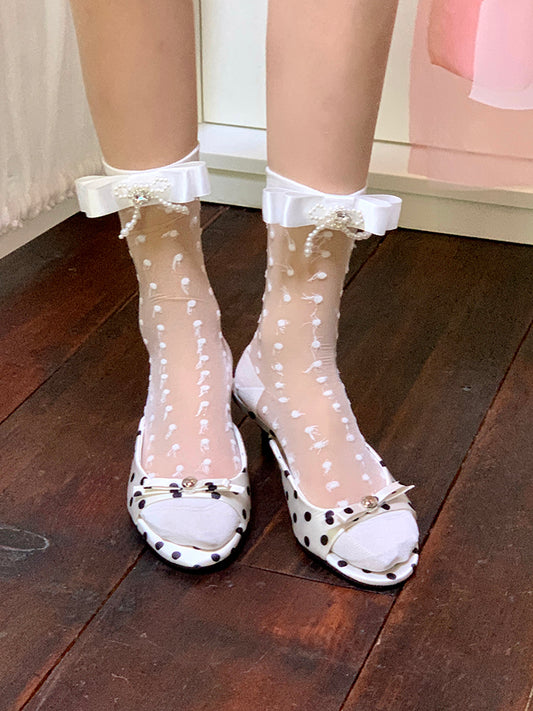 Socks Beaded Bowknots White/Apricot/Black/Grey