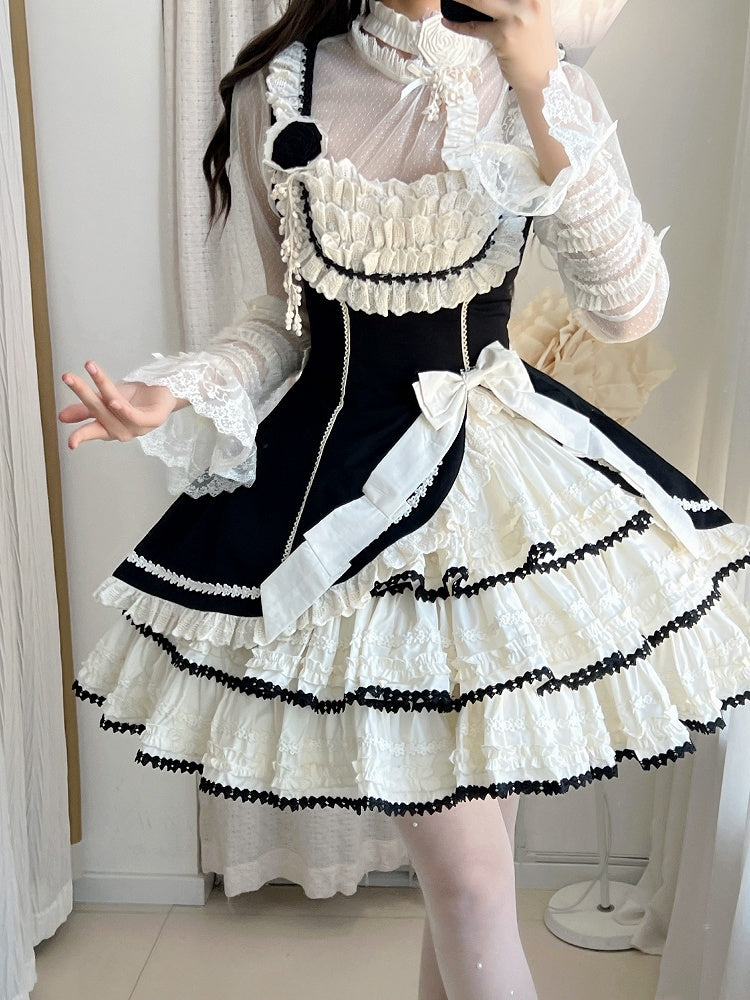 Jumper Beige Lolita Black Fit and Skirt Elegant Tiered Slim Waist