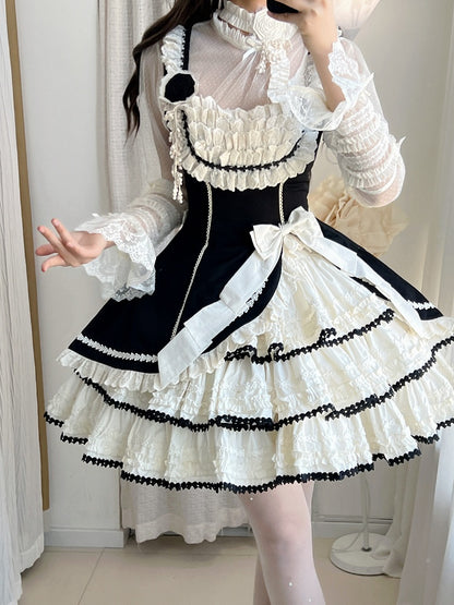 Jumper Beige Lolita Black Fit and Skirt Elegant Tiered Slim Waist