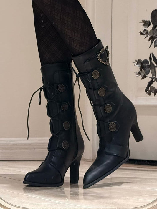 Lace-Up Pointed Leather Buckle Mid-Calf Boots Toe Elegant Embellishments - with Heels Lolita PU and Black