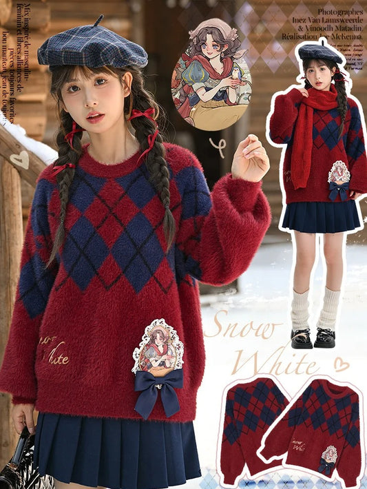 Snow White Princess Red Diamond Pattern Mohair Loose Sweater