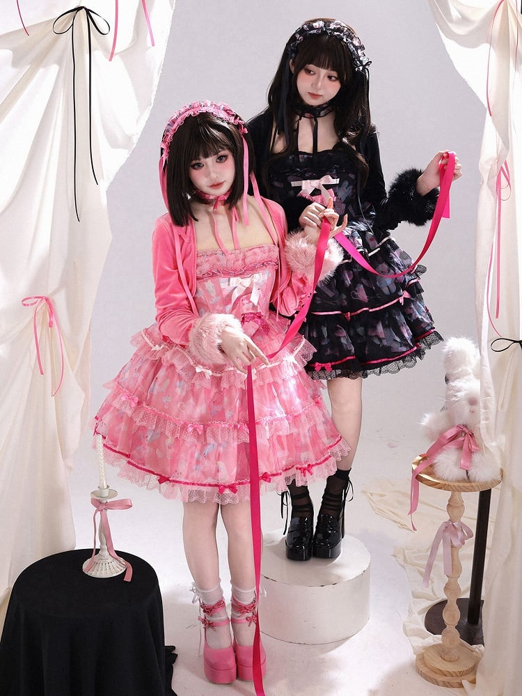 Cute Pink Lolita Accents Bow Bunny Boning Satin Print Dress