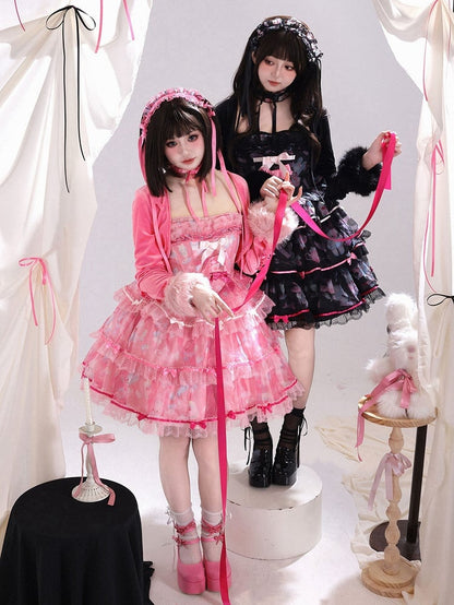 Cute Pink Lolita Accents Bow Bunny Boning Satin Print Dress