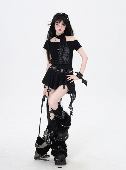 and All-in-one Hem Mini Punk Dress Choker Glamorous Black Asymmetrical Neckline and
