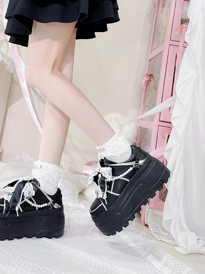 Jirai Kei Black Rhinestone Platform Shoes with Detachable Beaded Chain