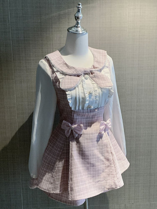 Kei Design Sleeves Top Plaid Outfit-Pleating + Details Jirai Bowknot Shorts Pink Long