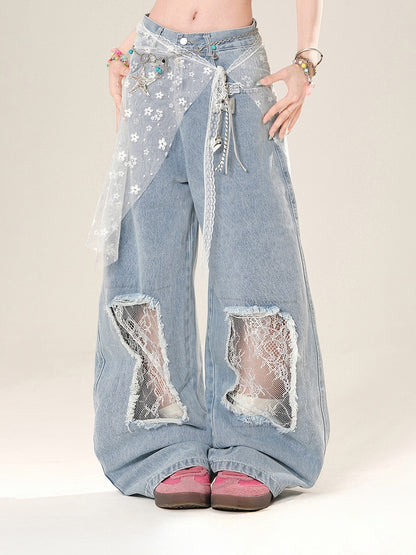 Lace Waist Accessory Patches Blue Low Wide-Leg Jeans with Waist Distressed Holes