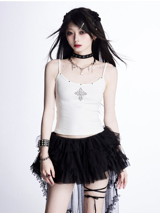 Cami Top White Rhinestones Embellished Cross Glamorous
