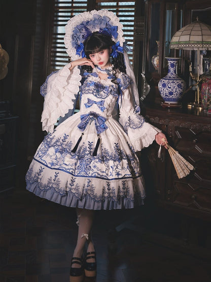 und Stoff Schmetterling Weiß Chinoiserie Blau Porzellan Stickerei
