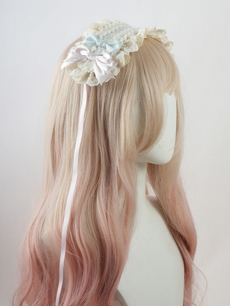 Serre-tête Sweet Lolita à volants et nœuds bleus et roses en dentelle