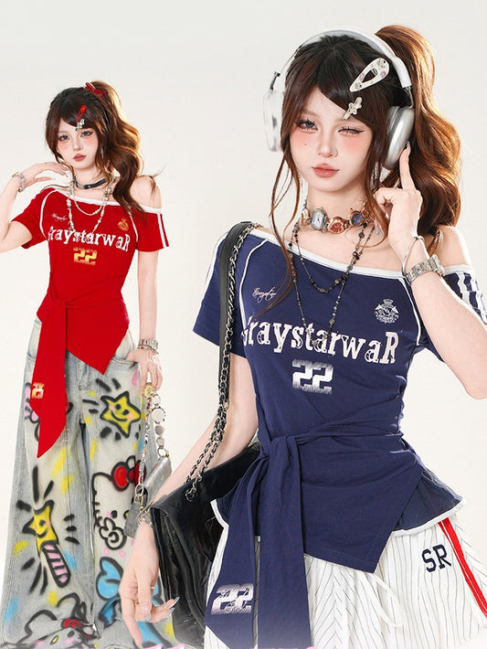 Rot/Blaue Träger an der Taille Asymmetrischer Ausschnitt Blokette Core T-Shirt Selbstbinden