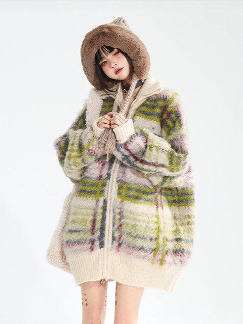 Closure Cardigan Zip Striped Green Vintage Neck with High Mohair