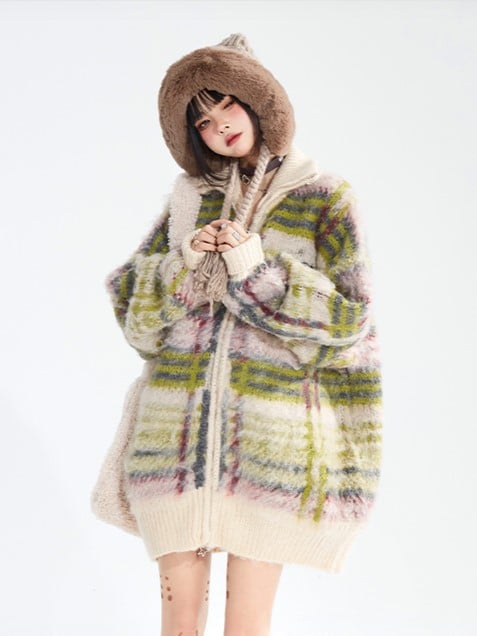 Green Zip Closure High Vintage Neck Mohair with Striped Cardigan