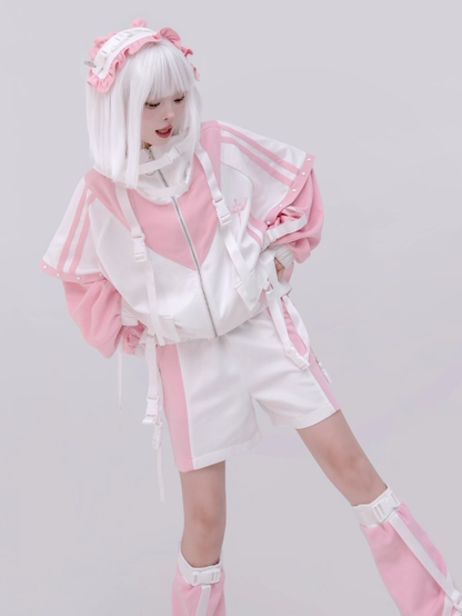 White Pink Techwear Shorts Colorblock and