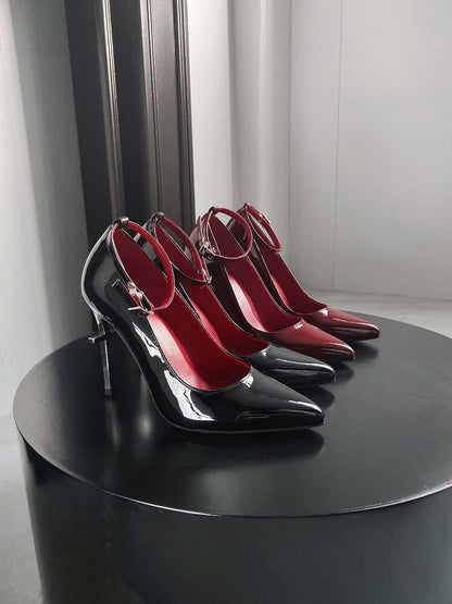 Design Heel Cross High Pointed Heels Toe Clearance-Size Gothic Black 40