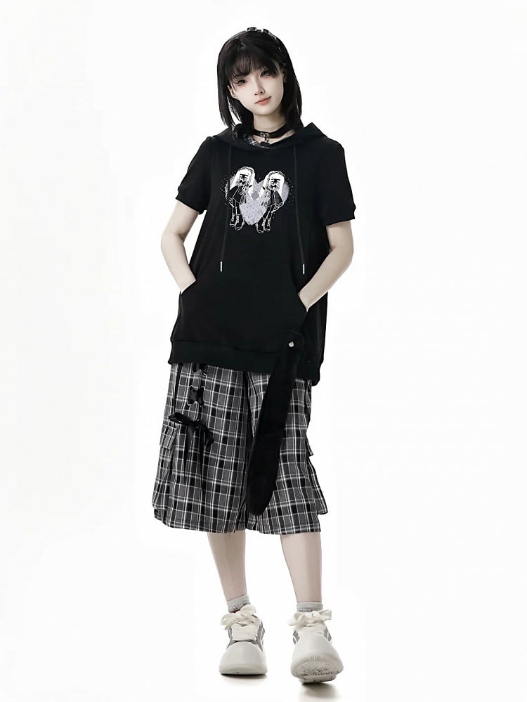 Wide-Leg Shorts with Lace-up Detail Waist Black/Plaid Elastic