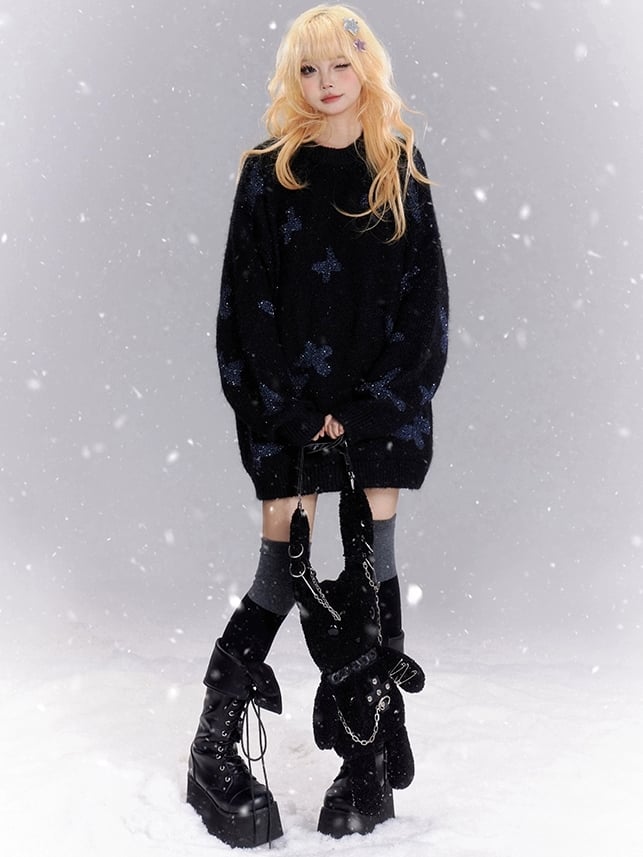 Black Butterfly Rhinestones Loose Sweater