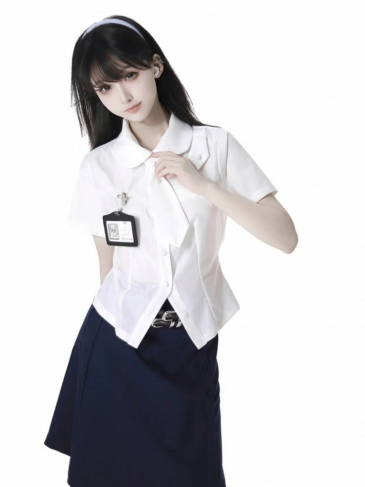 White Peter Pan Collar Short Sleeve Shirt Tie and Holder Card with