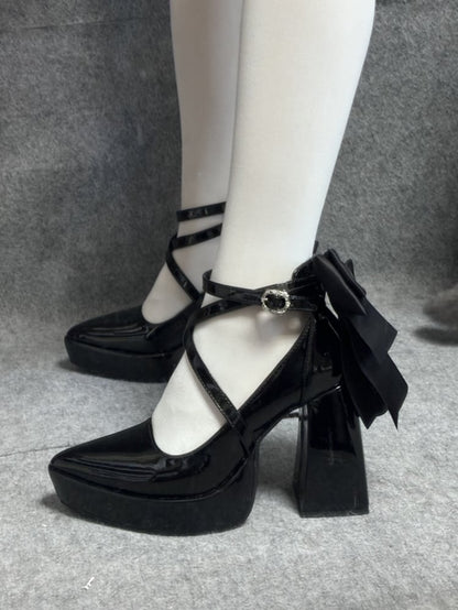 Gothic Black Detachable Bowknot Crisscross Buckle Strap Platform High Block Heels