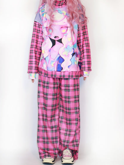 Oversized Sweatshirt With Cartoon And Plaid Print Gyaru Rose Fashion Red