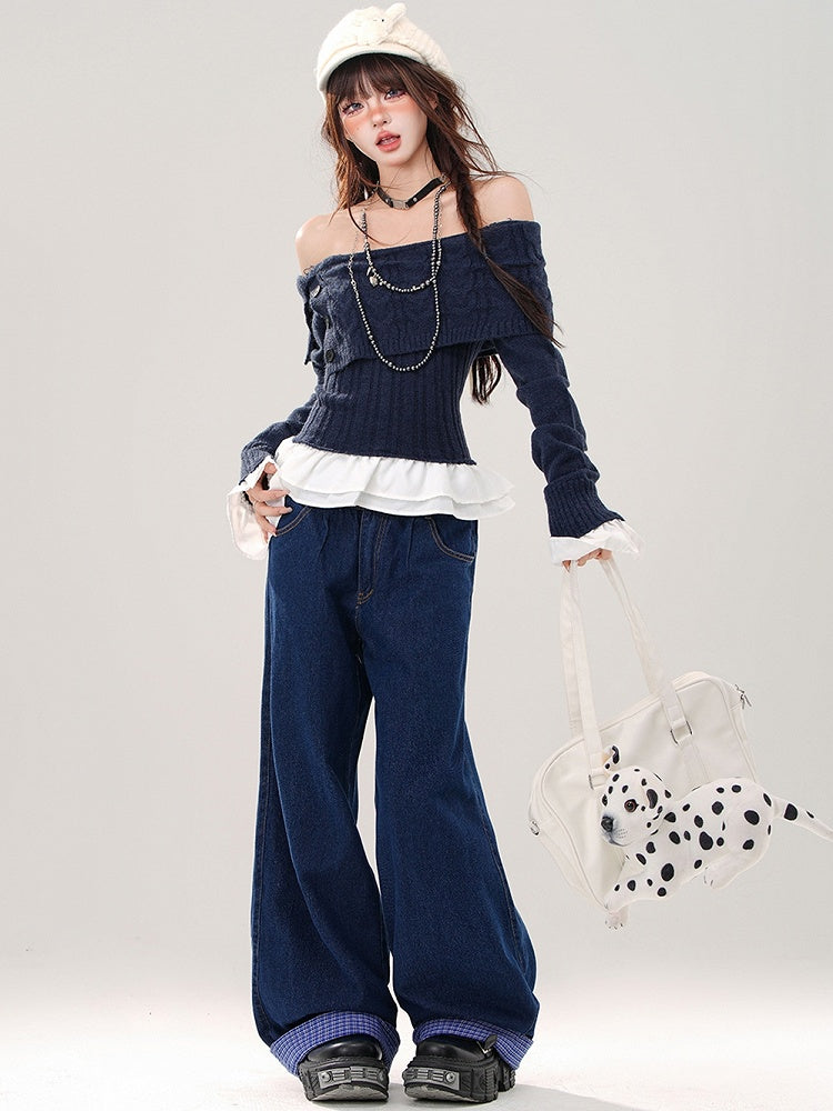 Grau/Marineblauer, schulterfreier Pullover mit schmaler Passform, Saum und Bündchen im Patchwork-Stil