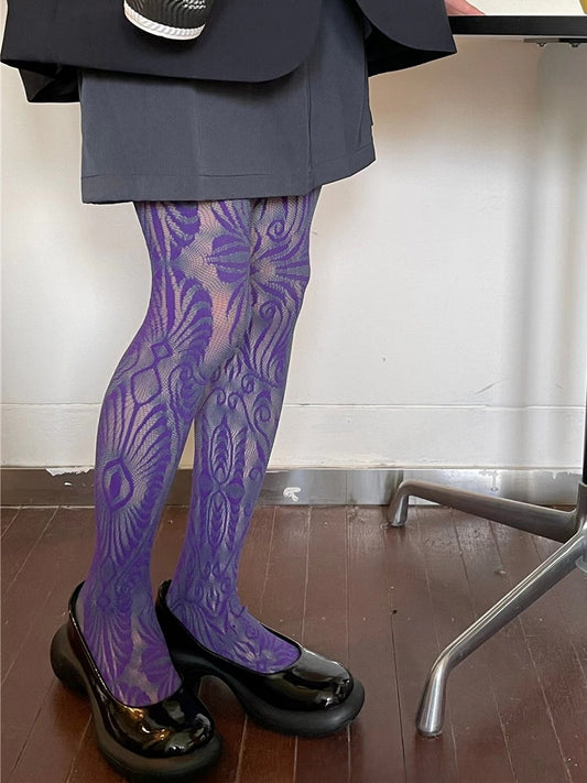 Tights Purple/Rose Y2K Hollow-out Design Red/Black