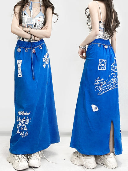 Blue Y2K A-Line Skirt With Letter Sailboat And Cross Prints