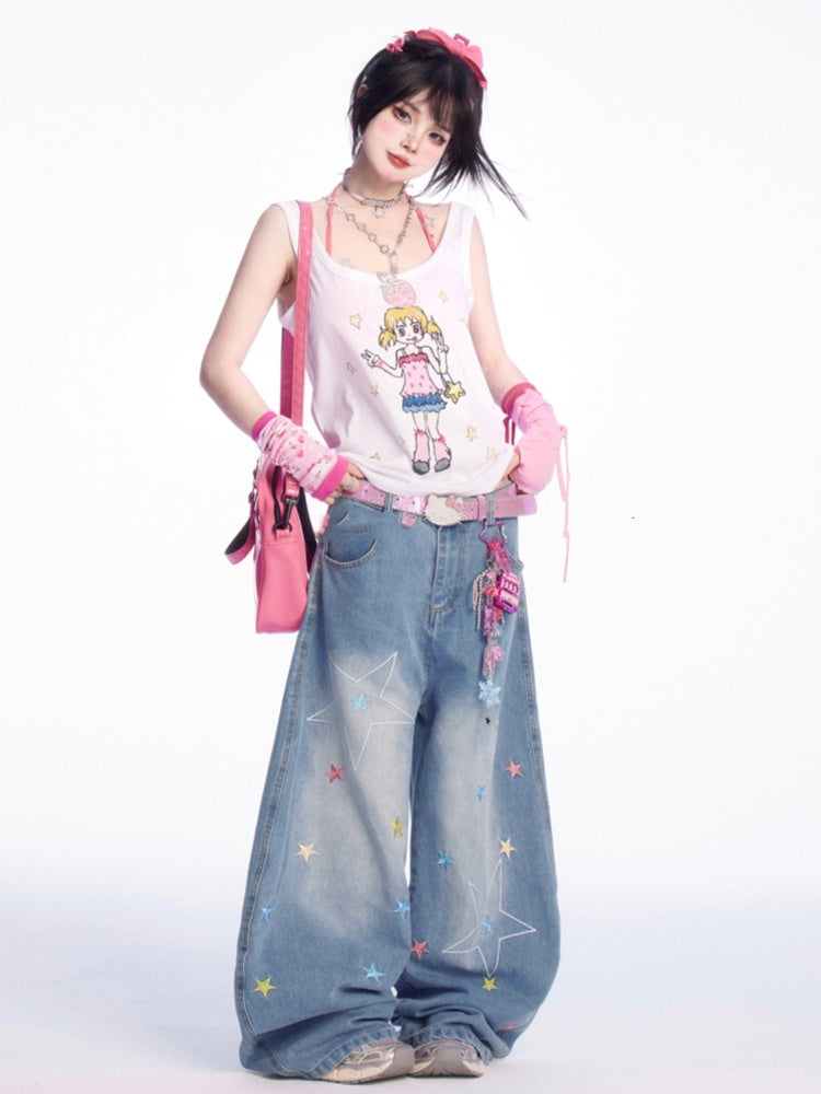 Tank Top Manga Girl Print White Loose