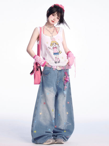 Tank Top Manga Girl Print White Loose