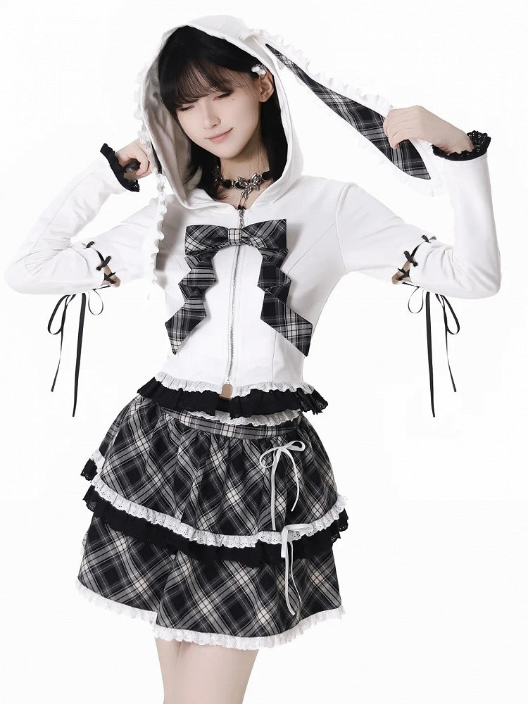Lace-up Lace Trim Bunny Ears White/Black Design Hood Zip Closure Hoodie Sleeves Detachable