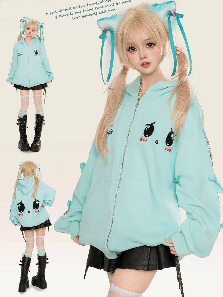 Cute Yami Kawaii Turquoise Blue/Pink Zip Hoodie with Sad Eyes
