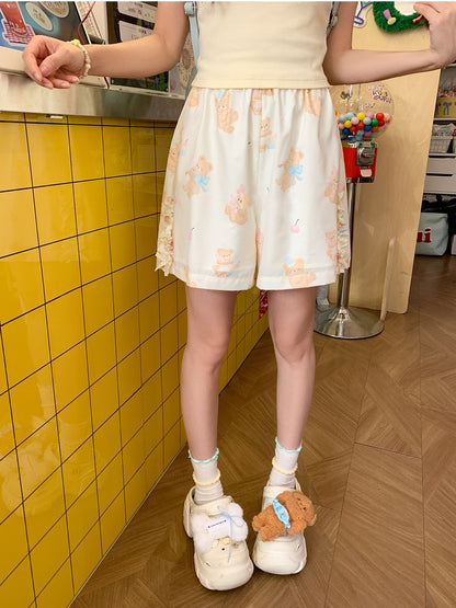 Shorts Light Yellow Elastic Waist Cute Bear Print Casual