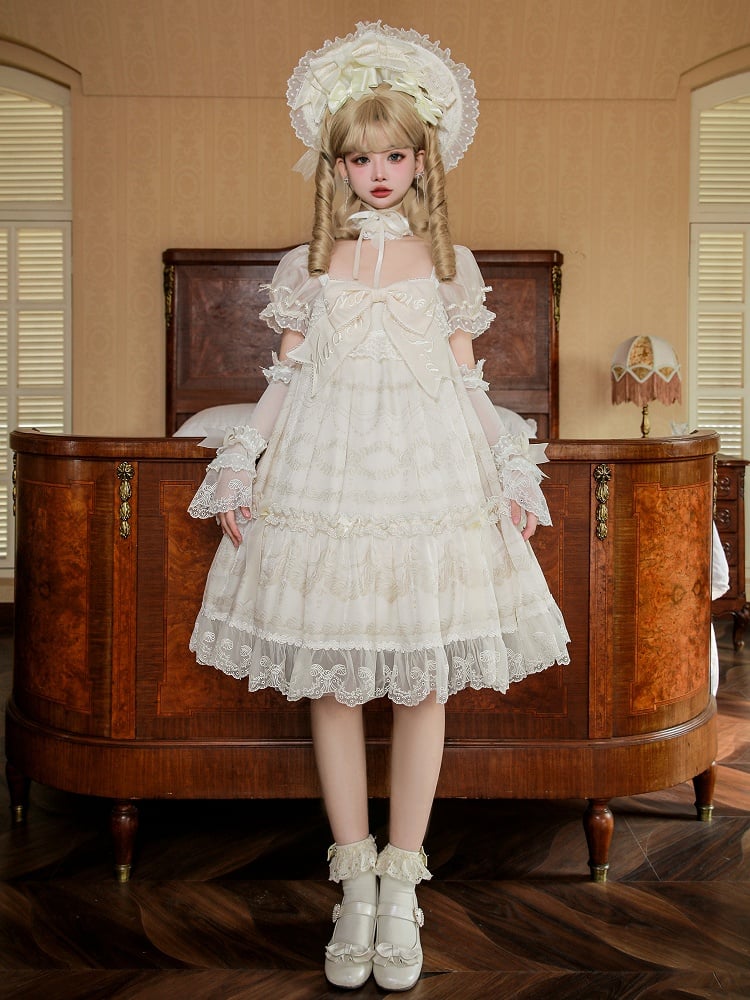 Sleeves Embroidered Print Bow Cream Neckline Dress Puff Lolita White Big Creamy