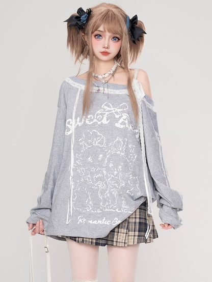 Grey Cartoon Lace Accents Asymmetrical Neckline Top