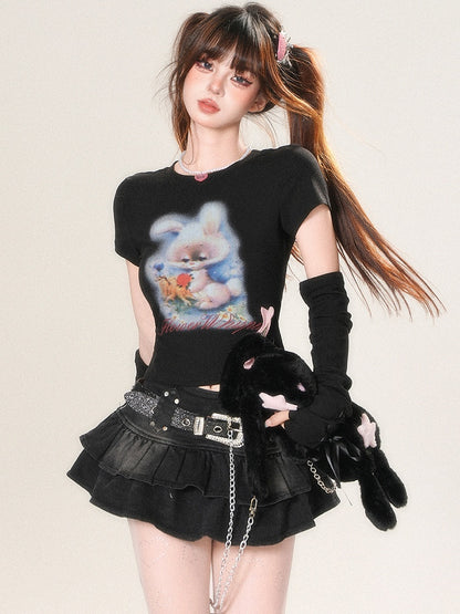 White/Black/Blue Glamorous And Print Sleeves Bunny With T-shirt Letter