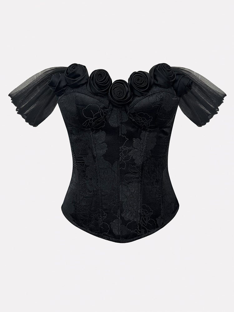 Black Roses Decorated Off-the-shoulder Neckline Boned Corset Top