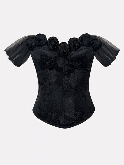 Black Roses Decorated Off-the-shoulder Neckline Boned Corset Top