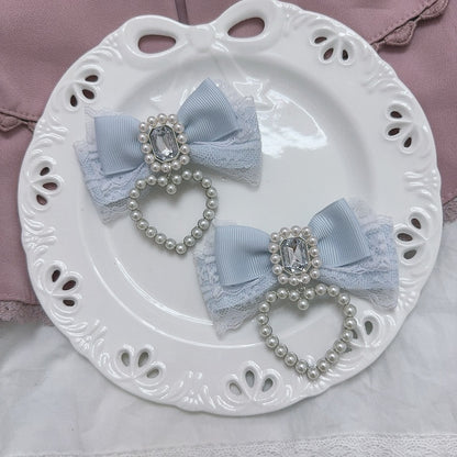 Jirai Kei Rhinestone and Beaded Heart Accents Bowknot Hairclips