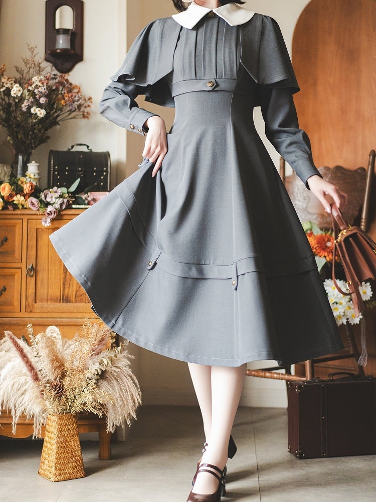 Gray Detachable Cape Elegant Retro Slimming Dress