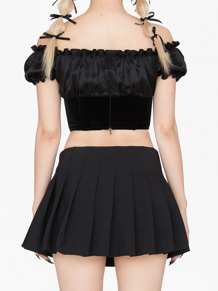 Black Ruffled Off-the-shoulder Neckline Curved Hem Bowknots Top