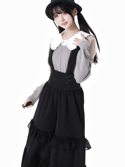 Black Lace Details Ruffle Trim Overall Pants