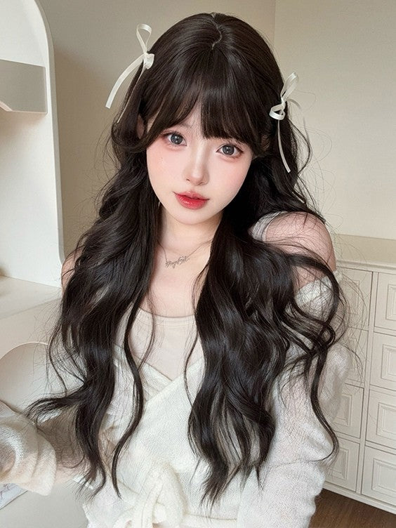 Black Air Length Bangs Wig 75CM Tea Wavy With