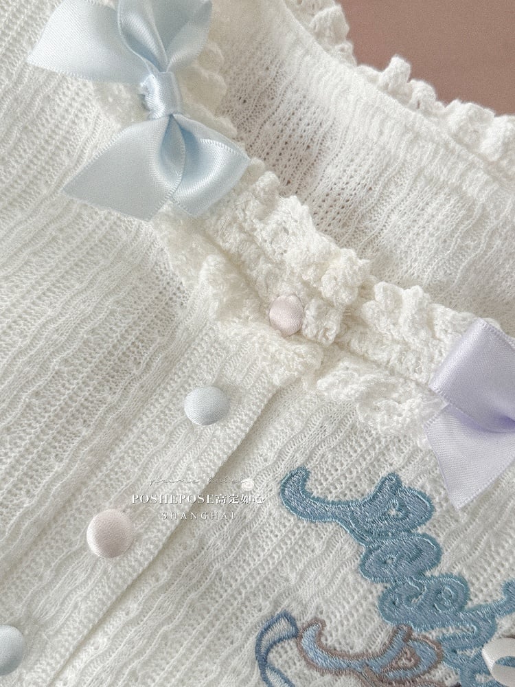 White Embroidery Detail Long Sleeves Knitted Top