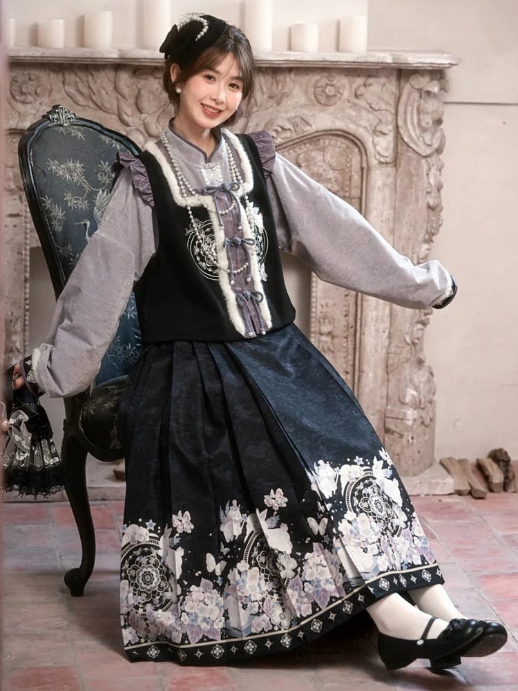 Black and Purple Moon Rabbit Cheongsam Style Vest