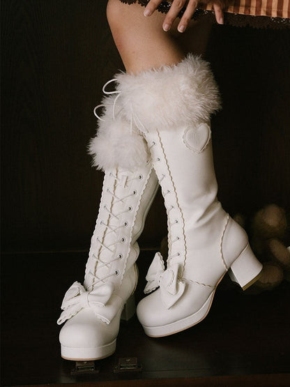 White Embellishments Cuff Lace+Zip Lolita Top Boots Bow - Knee-High with System Sweet Plush